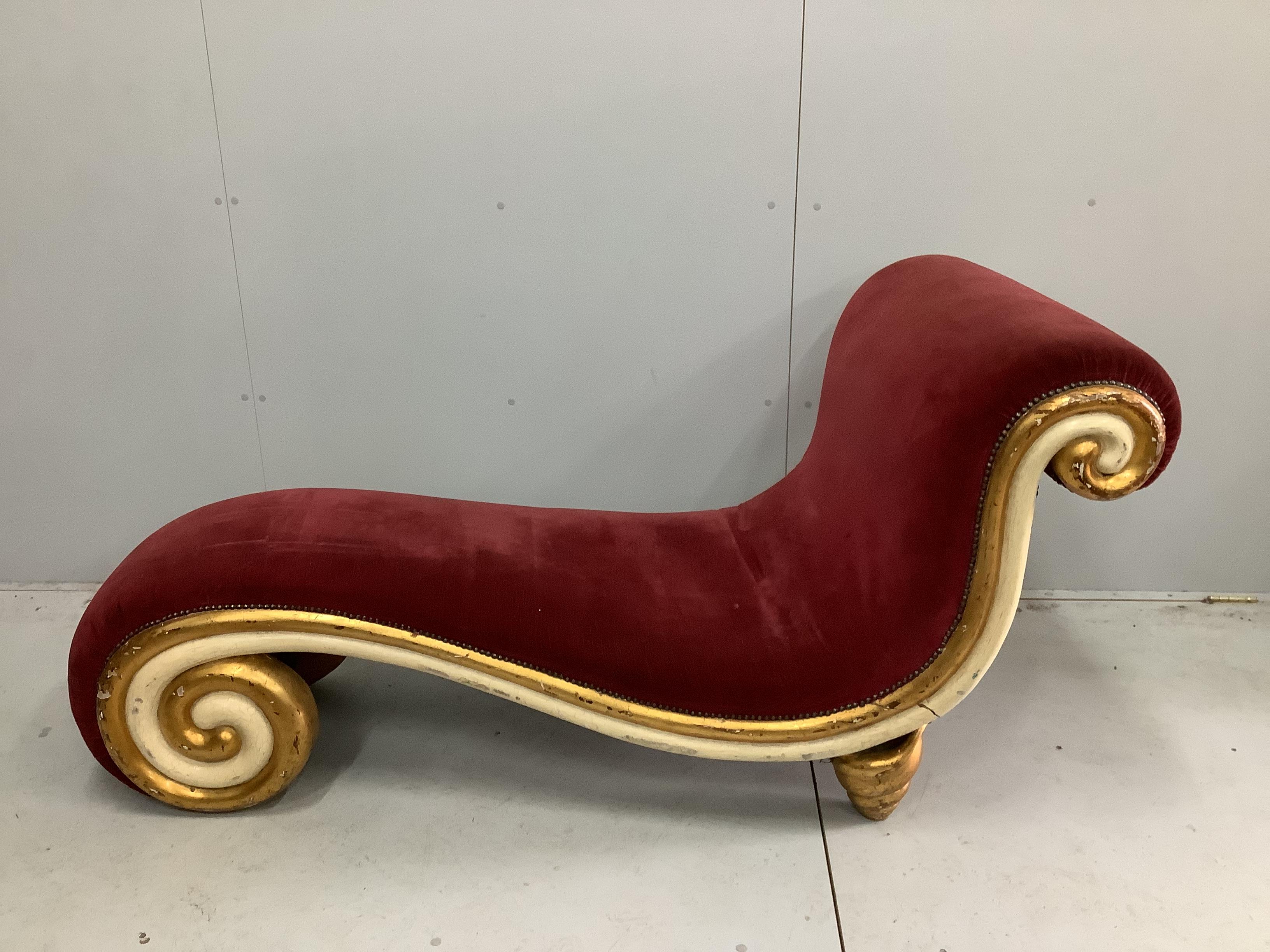 A mid century giltwood upholstered scroll frame chaise longue, length 164cm, width 84cm, height 80cm